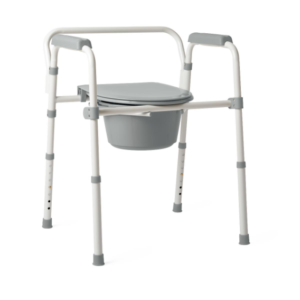 STEEL 3 IN 1 FOLDING COMMODE, INCLUDES SEAT WITH LID, BUCKET, ARMRESTS, AND SPLASHGUARD